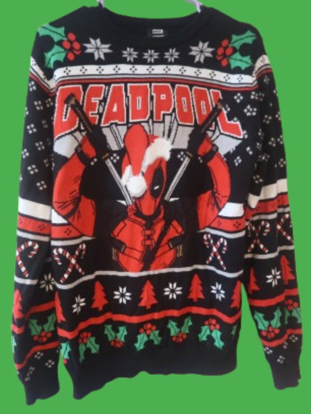 Primark deadpool ugly Christmas sweater in black, red and white size medium.